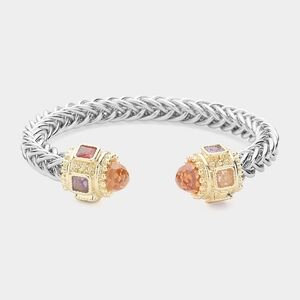 Chrysolite CZ Stone Tip Twist Rope Cable Cuff Bracelet Bangle Textured Metal